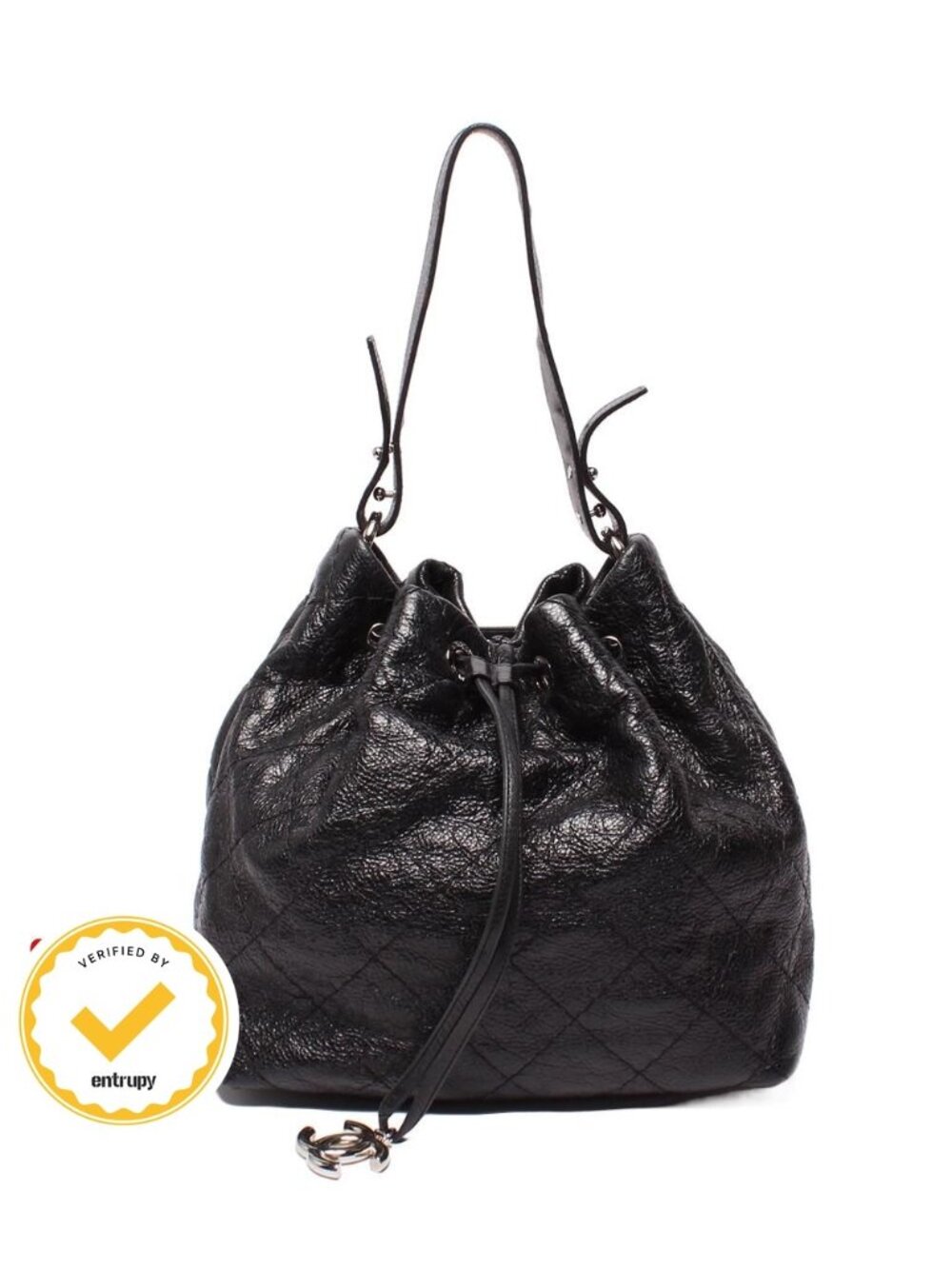 Chanel Leather Shoulder Bag Drawstring Quilted Silver on the Road